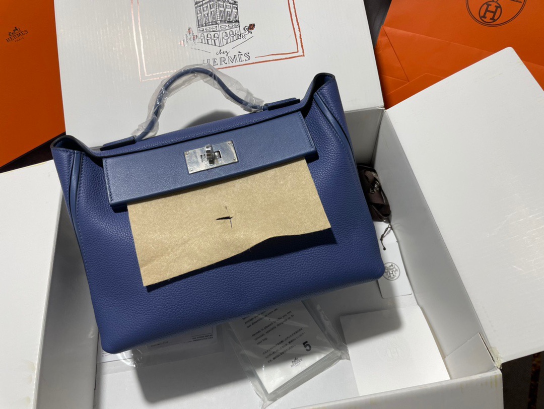 Hermes Kelly 2424 29cm Handbag in Blue Thalassa Clemence Leather 